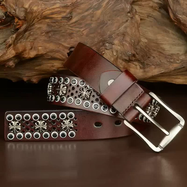 Cintura in pelle con borchie vintage con fiore cavo Hip-Hop
