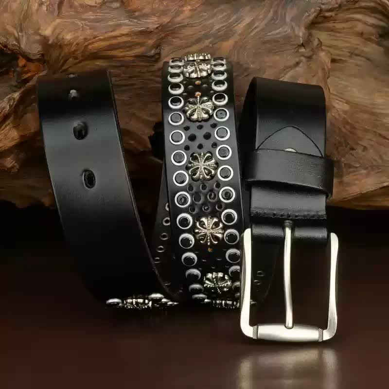 Cintura in pelle con borchie vintage con fiore cavo Hip-Hop