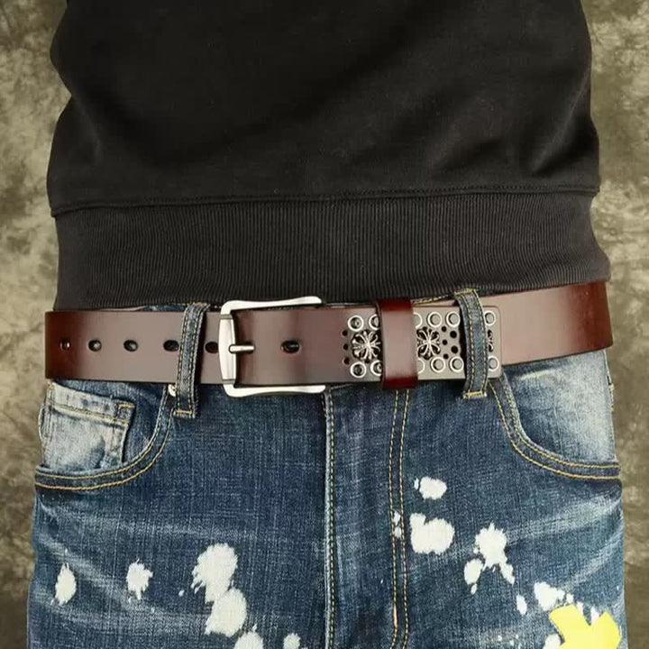 Cintura in pelle con borchie vintage con fiore cavo Hip-Hop