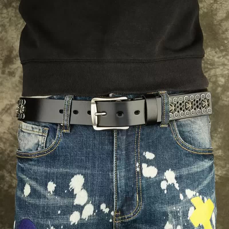 Cintura in pelle con borchie vintage con fiore cavo Hip-Hop
