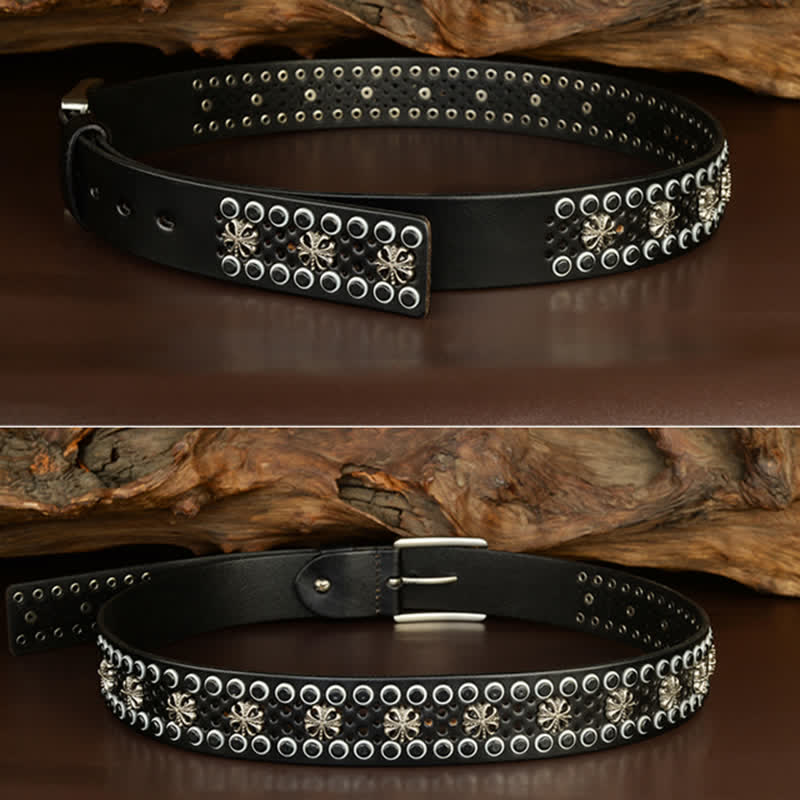 Cintura in pelle con borchie vintage con fiore cavo Hip-Hop
