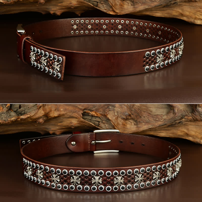 Cintura in pelle con borchie vintage con fiore cavo Hip-Hop