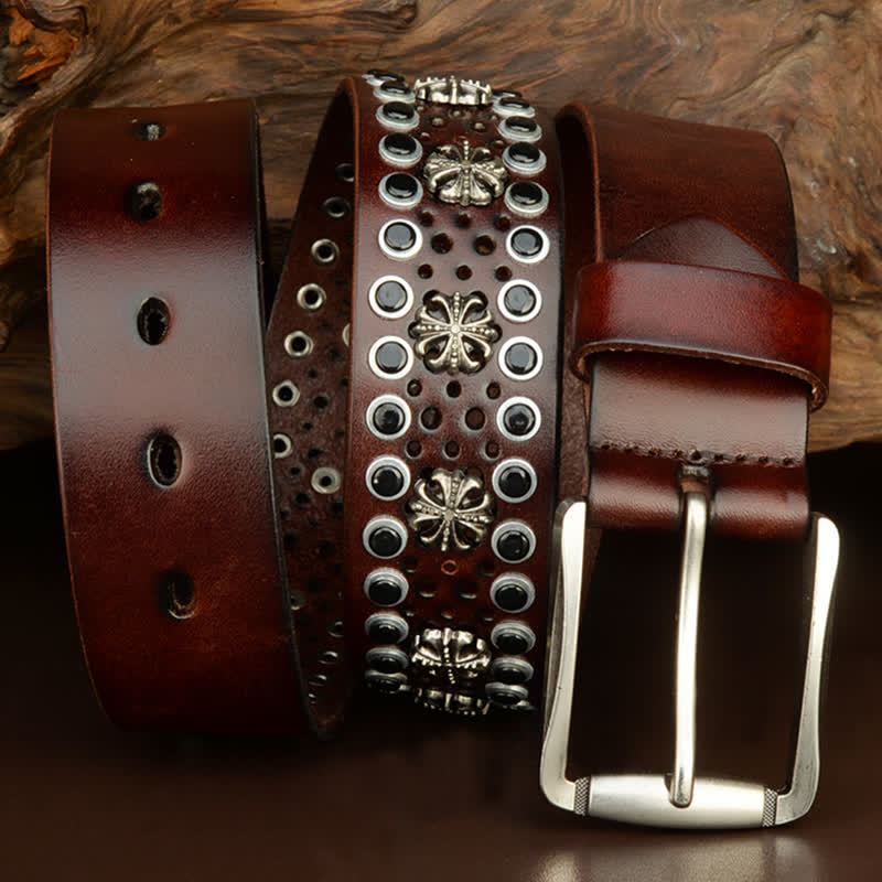 Cintura in pelle con borchie vintage con fiore cavo Hip-Hop