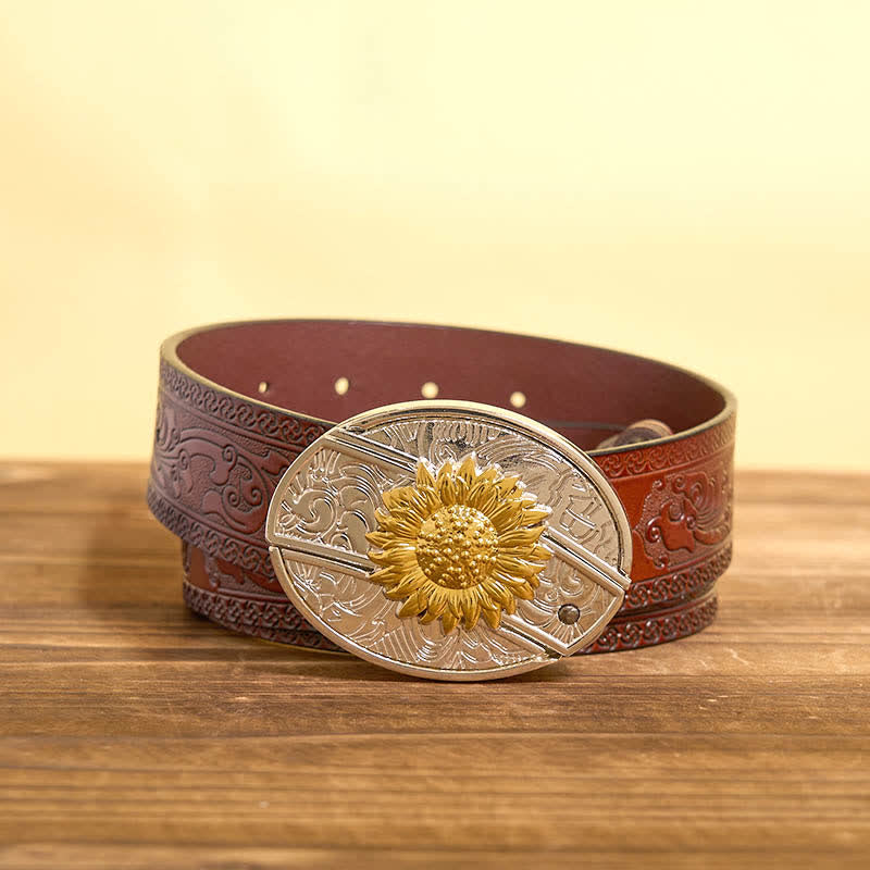Cintura in pelle con coltello pieghevole nascosto con girasole in oro e argento fai da te da uomo - Girasole - Cintura marrone intagliata - 42 - image 8