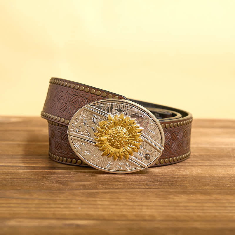 Cintura in pelle con coltello pieghevole nascosto con girasole in oro e argento fai da te da uomo - Girasole - Cintura con rivetti marroni - 42 - image 6