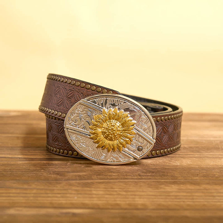 Cintura in pelle con coltello pieghevole nascosto con girasole in oro e argento fai da te da uomo - Girasole - Cintura con rivetti marroni - 42 - image 6