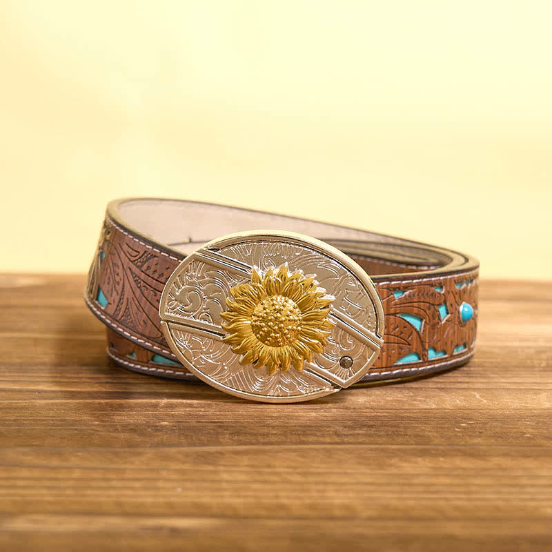 Cintura in pelle con coltello pieghevole nascosto con girasole in oro e argento fai da te da uomo - Girasole - Cintura intagliata turchese - 42 - image 5