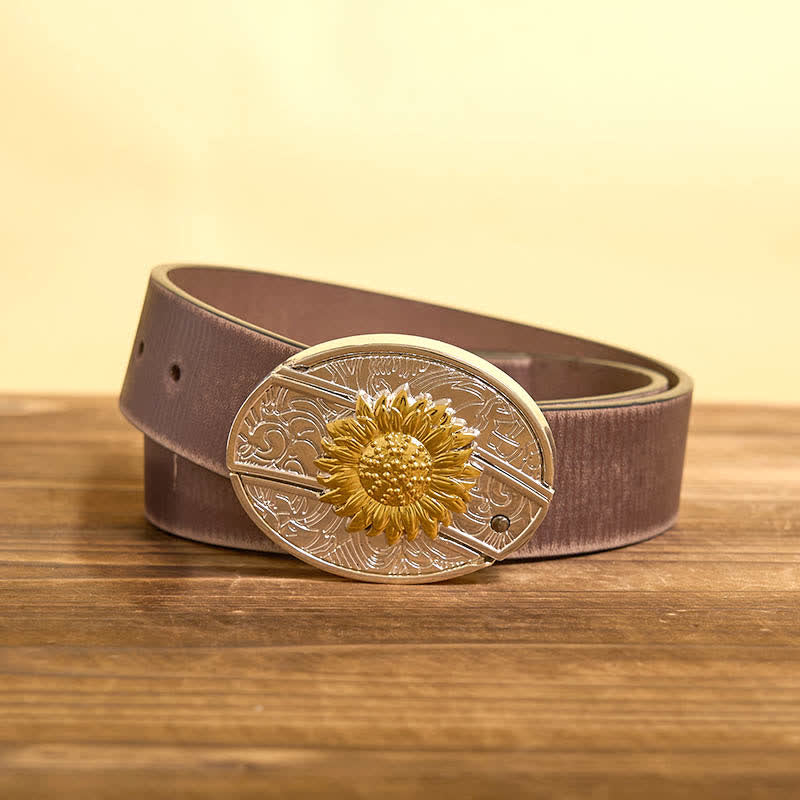 Cintura in pelle con coltello pieghevole nascosto con girasole in oro e argento fai da te da uomo - Girasole - Cintura marrone anticata - 42 - image 7