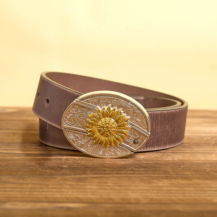Cintura in pelle con coltello pieghevole nascosto con girasole in oro e argento fai da te da uomo - Girasole - Cintura marrone anticata - 42 - image 7