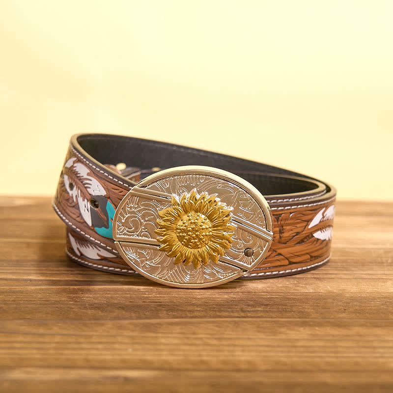 Cintura in pelle con coltello pieghevole nascosto con girasole in oro e argento fai da te da uomo - Girasole - Cintura di piume marroni - 40 - image 9