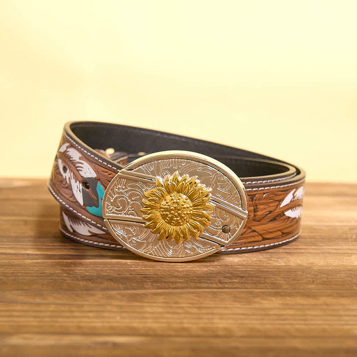 Cintura in pelle con coltello pieghevole nascosto con girasole in oro e argento fai da te da uomo - Girasole - Cintura di piume marroni - 40 - image 9