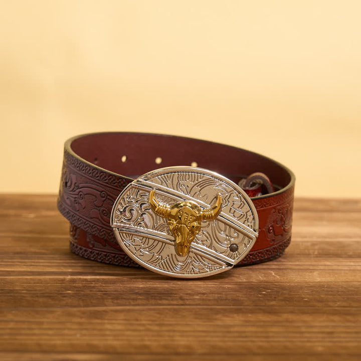 Cintura in pelle fai da te da uomo con coltello pieghevole nascosto in oro e argento Bull - Toro - Cintura marrone intagliata - 42 - image 9