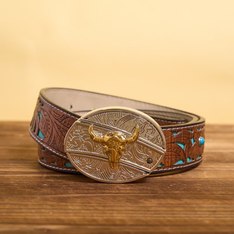 Cintura in pelle fai da te da uomo con coltello pieghevole nascosto in oro e argento Bull - Toro - Cintura intagliata turchese - 42 - image 6