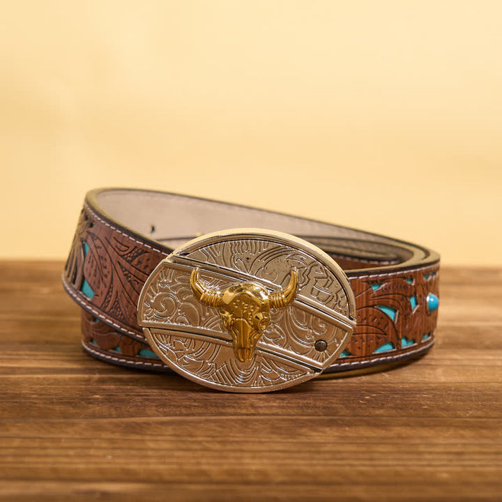 Cintura in pelle fai da te da uomo con coltello pieghevole nascosto in oro e argento Bull - Toro - Cintura intagliata turchese - 42 - image 6