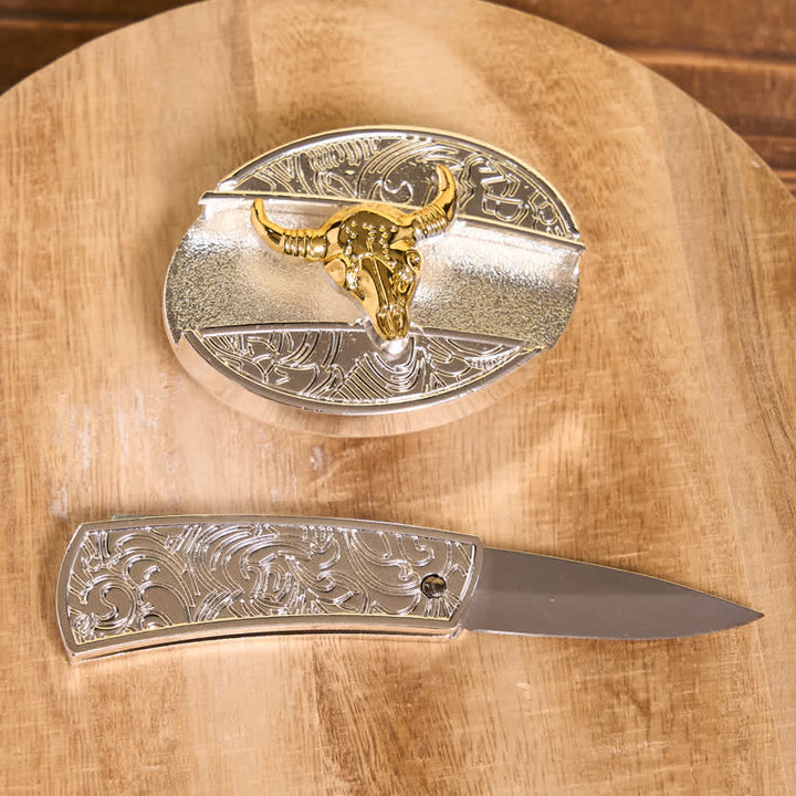 Cintura in pelle fai da te da uomo con coltello pieghevole nascosto in oro e argento Bull - image 4