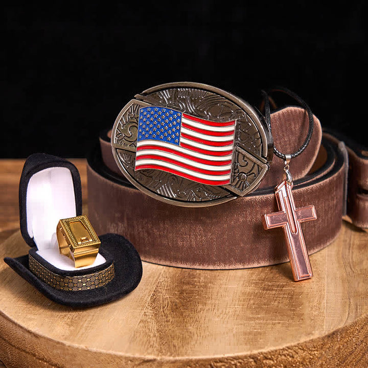 Set fai da te con fibbia per cintura, coltello nascosto con bandiera americana, croce, collana, lama e anello