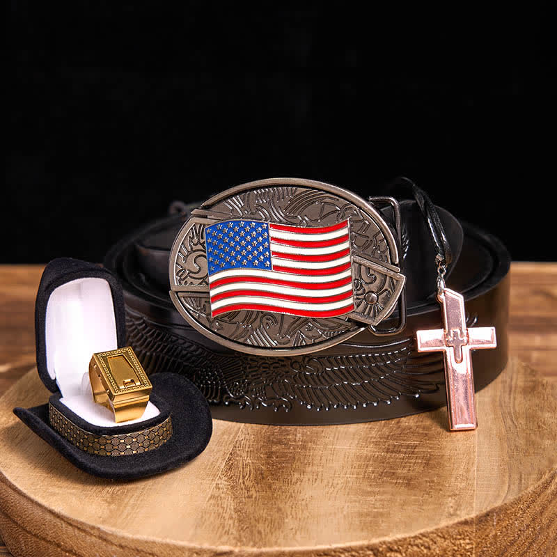 Set fai da te con fibbia per cintura, coltello nascosto con bandiera americana, croce, collana, lama e anello - Bandiera degli Stati Uniti - Cintura con aquila in rilievo nera - 42 - image 0