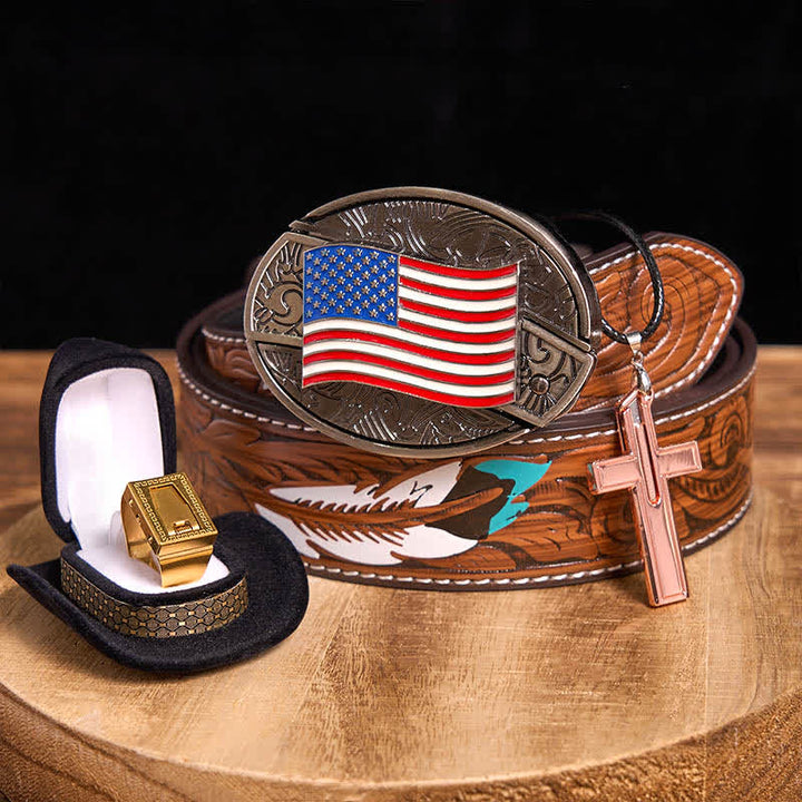 Set fai da te con fibbia per cintura, coltello nascosto con bandiera americana, croce, collana, lama e anello