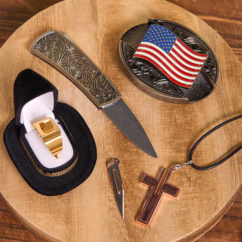 Set fai da te con fibbia per cintura, coltello nascosto con bandiera americana, croce, collana, lama e anello