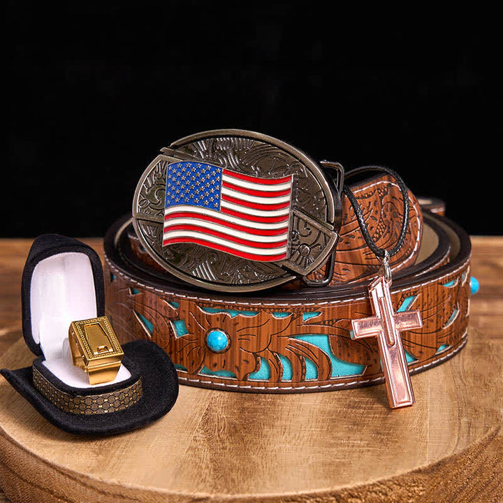 Set fai da te con fibbia per cintura, coltello nascosto con bandiera americana, croce, collana, lama e anello
