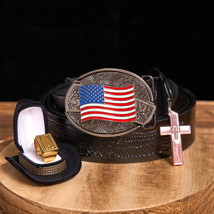 Set fai da te con fibbia per cintura, coltello nascosto con bandiera americana, croce, collana, lama e anello