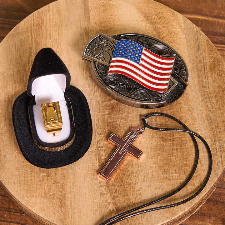 Set fai da te con fibbia per cintura, coltello nascosto con bandiera americana, croce, collana, lama e anello