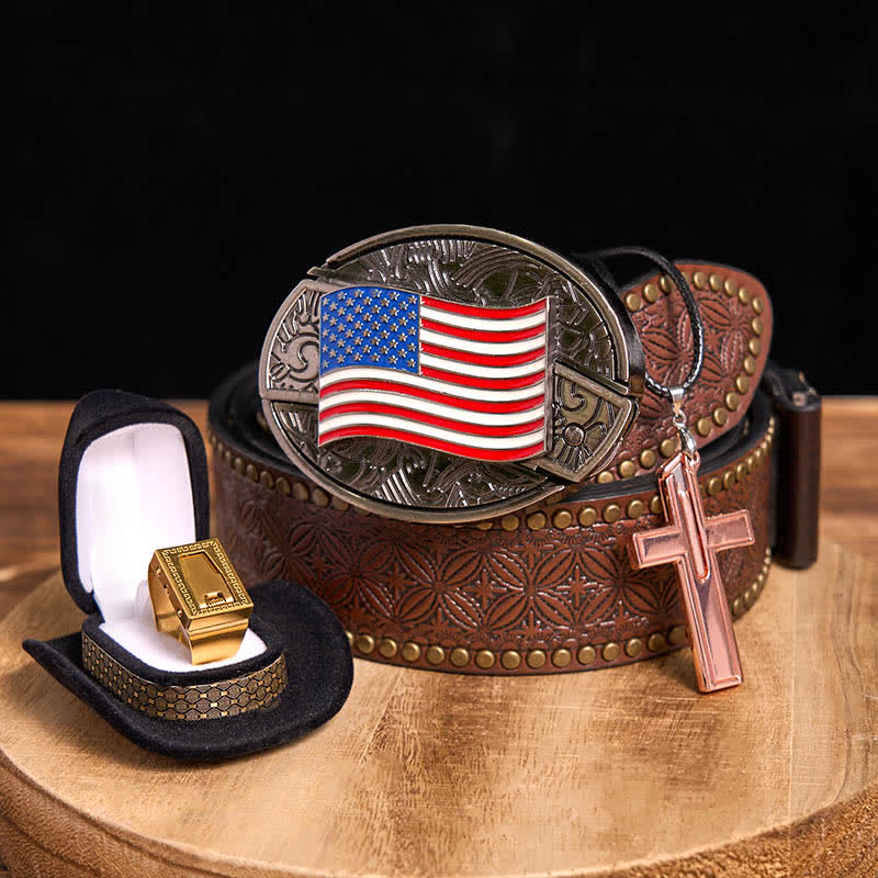 Set fai da te con fibbia per cintura, coltello nascosto con bandiera americana, croce, collana, lama e anello