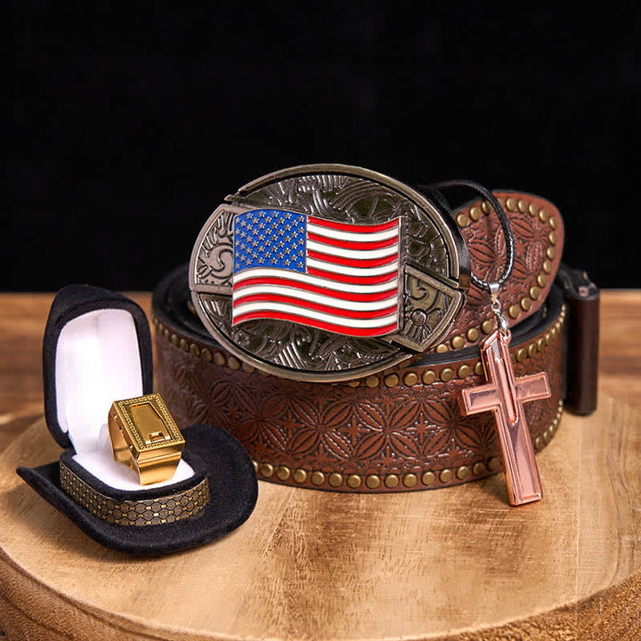 Set fai da te con fibbia per cintura, coltello nascosto con bandiera americana, croce, collana, lama e anello