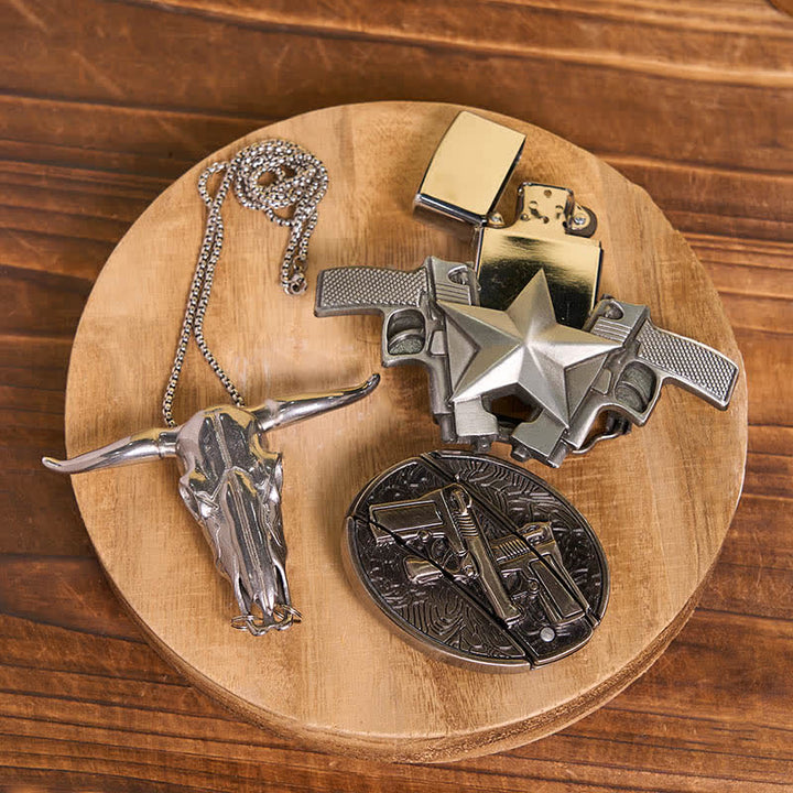 Set di accendini a cherosene fai da te con pistola, coltello nascosto, fibbia per cintura, ciondolo a forma di anello di toro - image 3