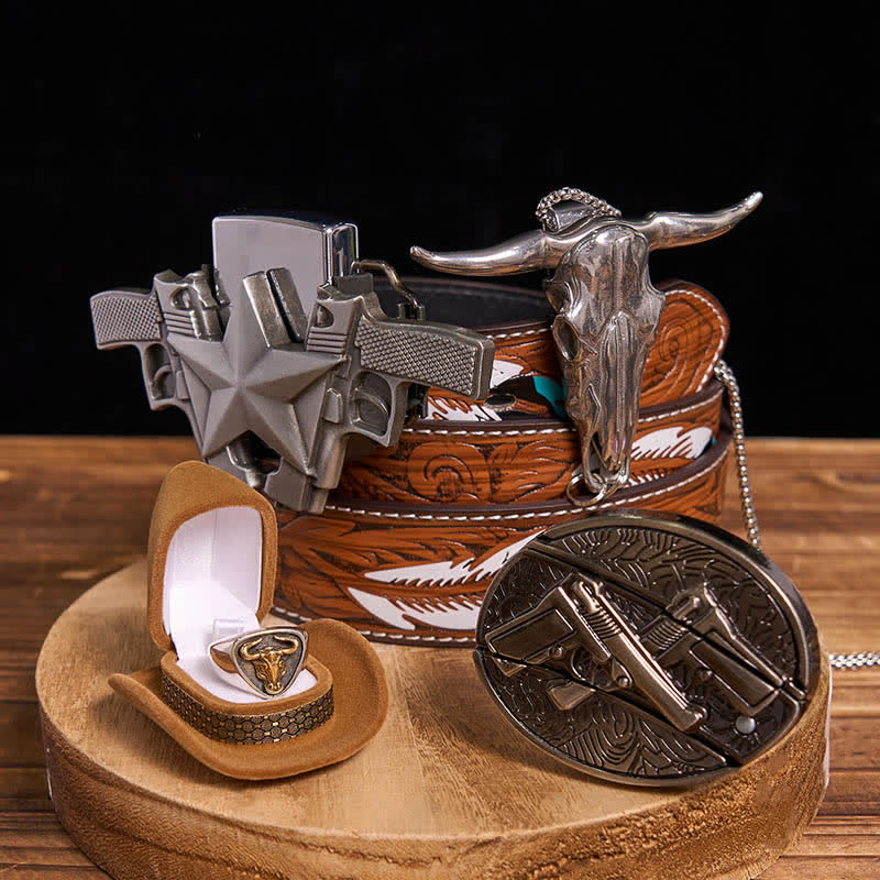 Set di accendini a cherosene fai da te con pistola, coltello nascosto, fibbia per cintura, ciondolo a forma di anello di toro - Doppie pistole - Cintura di piume marroni - 40 - image 0