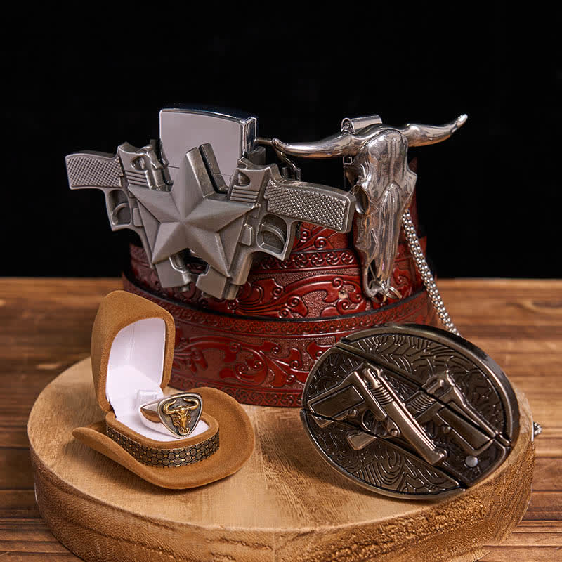 Set di accendini a cherosene fai da te con pistola, coltello nascosto, fibbia per cintura, ciondolo a forma di anello di toro - Doppie pistole - Cintura marrone intagliata - 42 - image 8