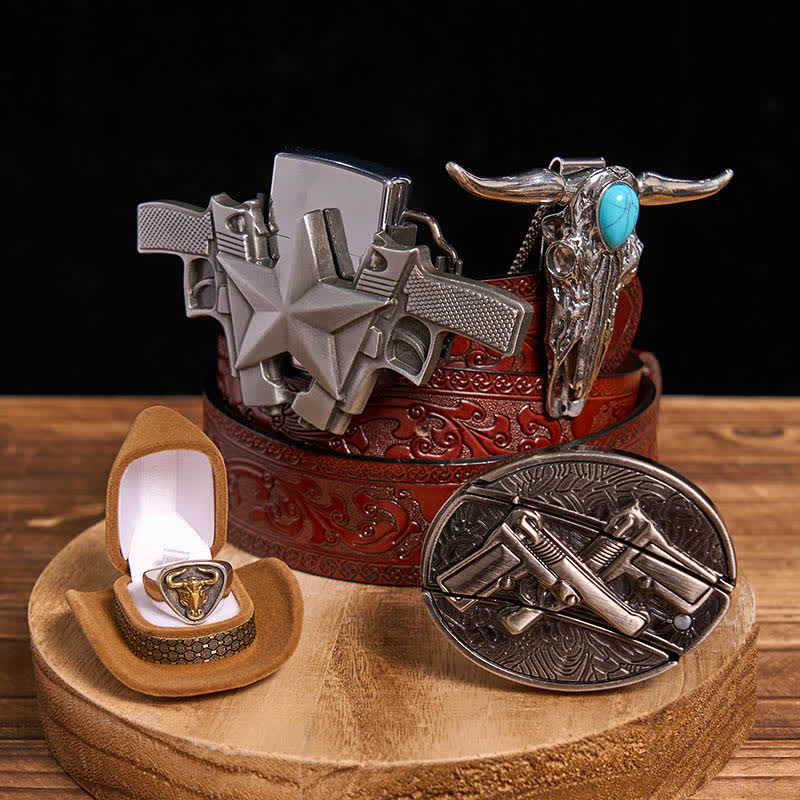 Set di ciondolo toro turchese fai da te con pistola, coltello nascosto, fibbia per cintura, anello e accendino.