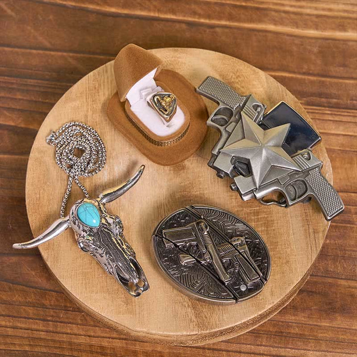 Set di ciondolo toro turchese fai da te con pistola, coltello nascosto, fibbia per cintura, anello e accendino.