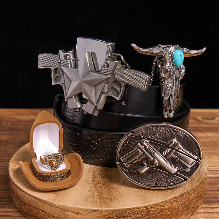 Set di ciondolo toro turchese fai da te con pistola, coltello nascosto, fibbia per cintura, anello e accendino.