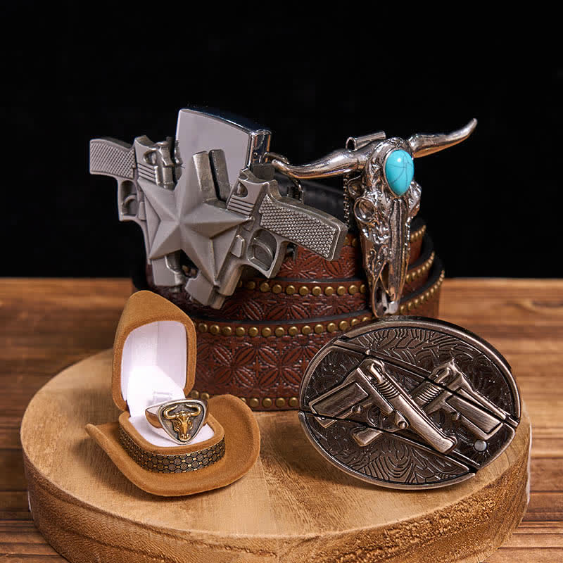 Set fai da te con ciondolo a forma di toro turchese, pistola, coltello nascosto, fibbia per cintura, anello e accendino (PRE-VENDITA) - Doppie pistole - Cintura con rivetti marroni - 42 - image 3