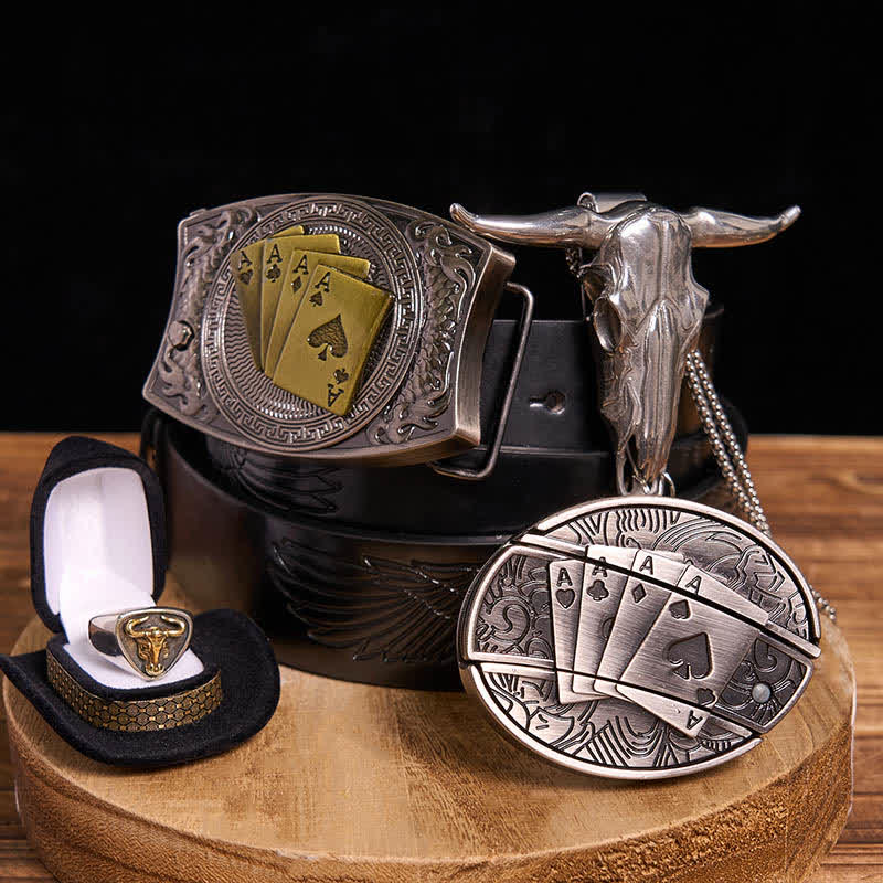 Set di ciondoli a forma di corno di bue con fibbia per cintura, coltello nascosto da poker fai da te - Poker - Cintura con aquila in rilievo nera - 42 - image 0