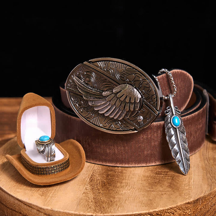 Set di anelli con collana e piuma turchese con fibbia per cintura con coltello nascosto fai da te Angle Wing