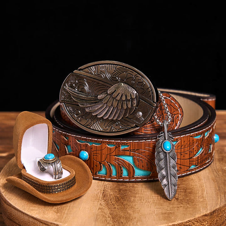 Set di anelli con collana e piuma turchese con fibbia per cintura con coltello nascosto fai da te Angle Wing