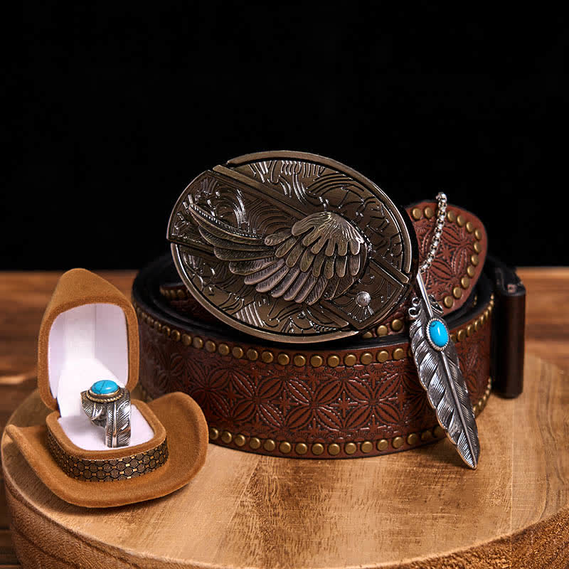 Set di anelli con collana e piuma turchese fai da te con fibbia per cintura con coltello nascosto Angle Wing - Ali - Cintura con rivetti marroni - 42 - image 12