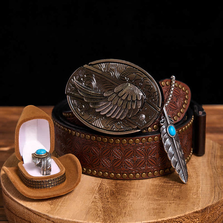 Set di anelli con collana e piuma turchese fai da te con fibbia per cintura con coltello nascosto Angle Wing - Ali - Cintura con rivetti marroni - 42 - image 12