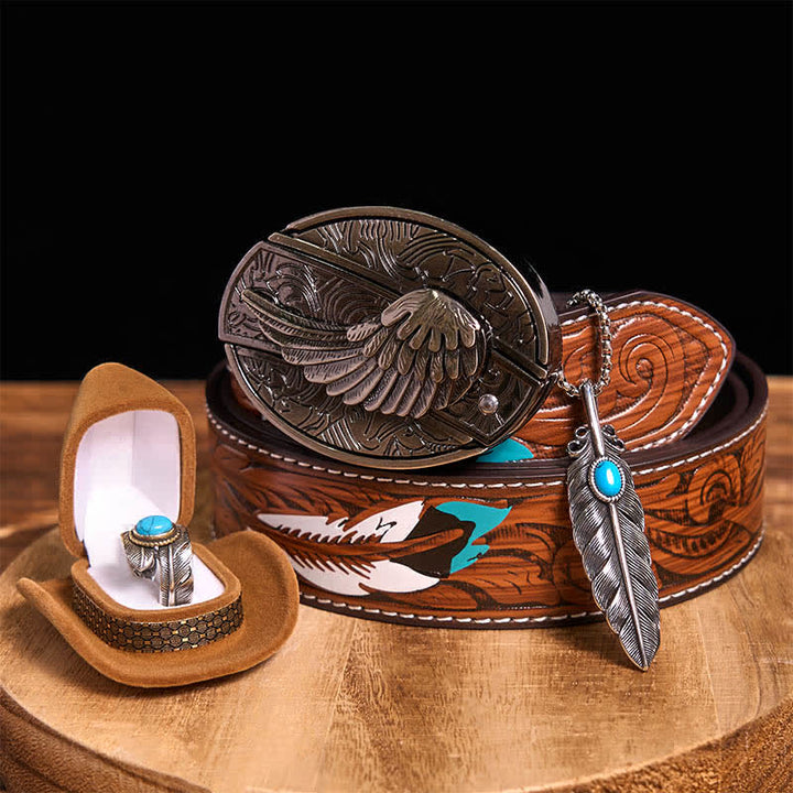 Set di anelli con collana e piuma turchese con fibbia per cintura con coltello nascosto fai da te Angle Wing
