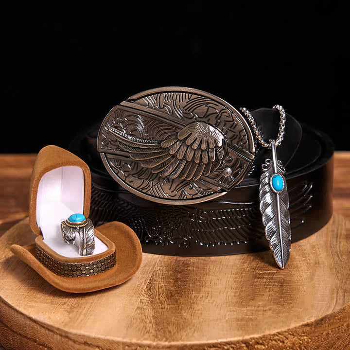Set di anelli con collana e piuma turchese fai da te con fibbia per cintura con coltello nascosto Angle Wing - Ali - Cintura con aquila in rilievo nera - 42 - image 10