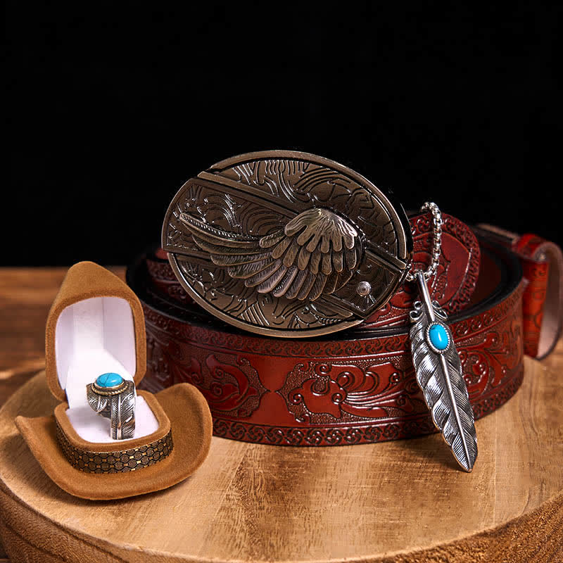 Set di anelli con collana e piuma turchese con fibbia per cintura con coltello nascosto fai da te Angle Wing