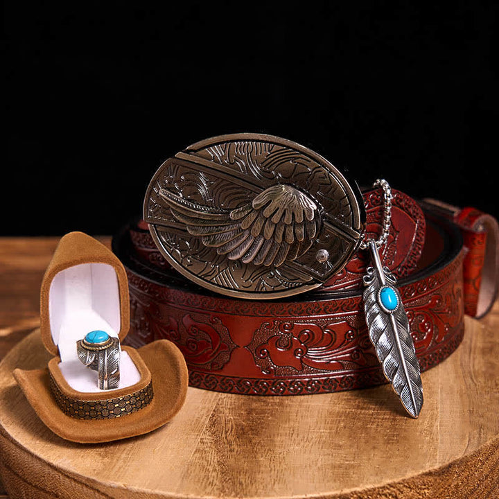 Set di anelli con collana e piuma turchese fai da te con fibbia per cintura con coltello nascosto Angle Wing - Ali - Cintura marrone intagliata - 42 - image 14