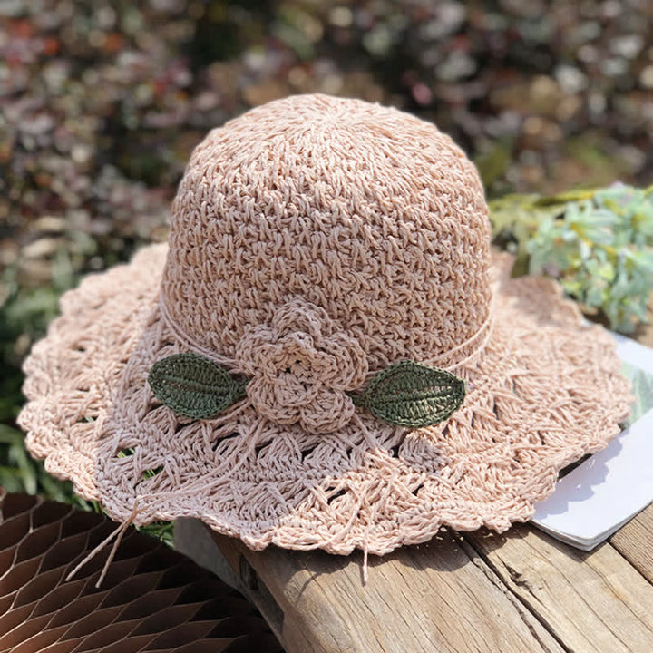 Elegante cappello di paglia pieghevole estivo all'uncinetto con dettagli floreali - Rosa - Misura M (22"-22 7/8") - image 9