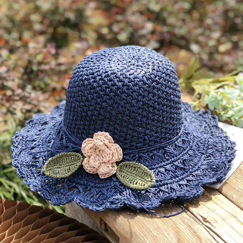 Elegante cappello di paglia pieghevole estivo all'uncinetto con dettagli floreali - Marina Militare - Misura M (22"-22 7/8") - image 7