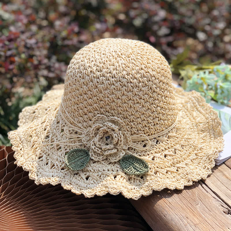Elegante cappello di paglia pieghevole estivo all'uncinetto con dettagli floreali - Avorio - Misura M (22"-22 7/8") - image 4