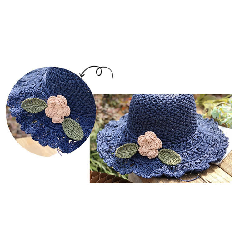 Elegante cappello di paglia pieghevole estivo all'uncinetto con dettagli floreali - image 8