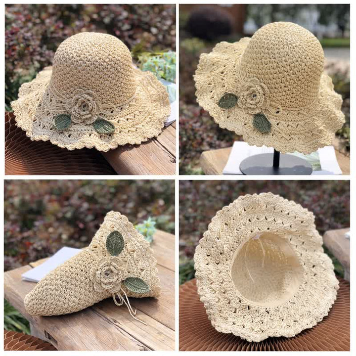 Elegante cappello di paglia pieghevole estivo all'uncinetto con dettagli floreali - image 6