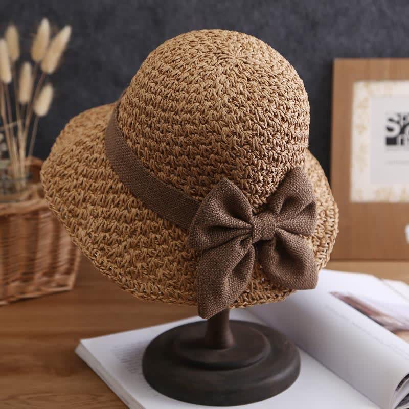Cappello da sole pieghevole in paglia con nodo a fiocco, lavorato all'uncinetto sulla spiaggia - Cachi scuro - Misura M (22"-22 7/8") - image 0